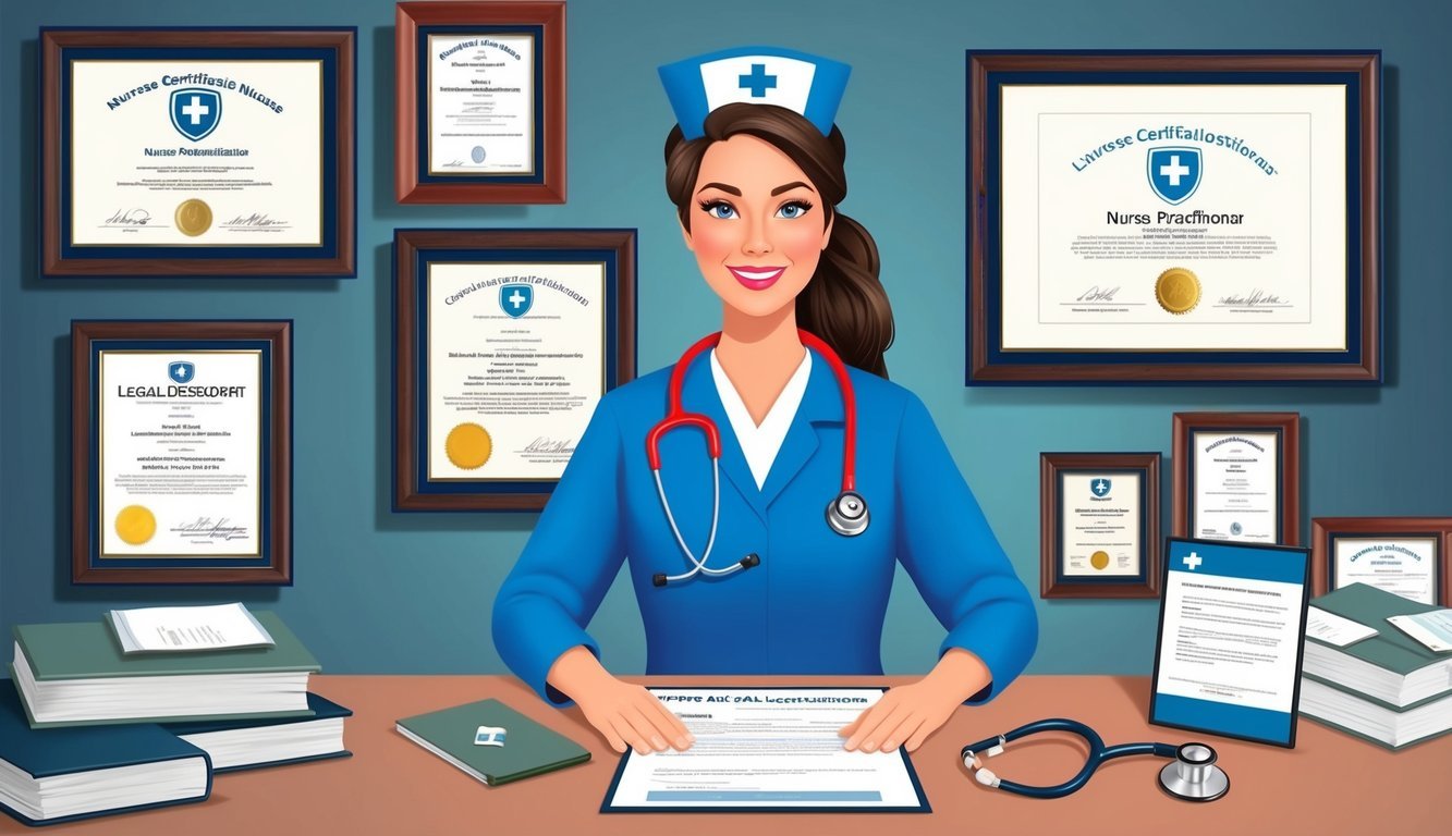 A nurse practitioner surrounded by framed licenses and certifications, with a legal document and a stethoscope on a desk