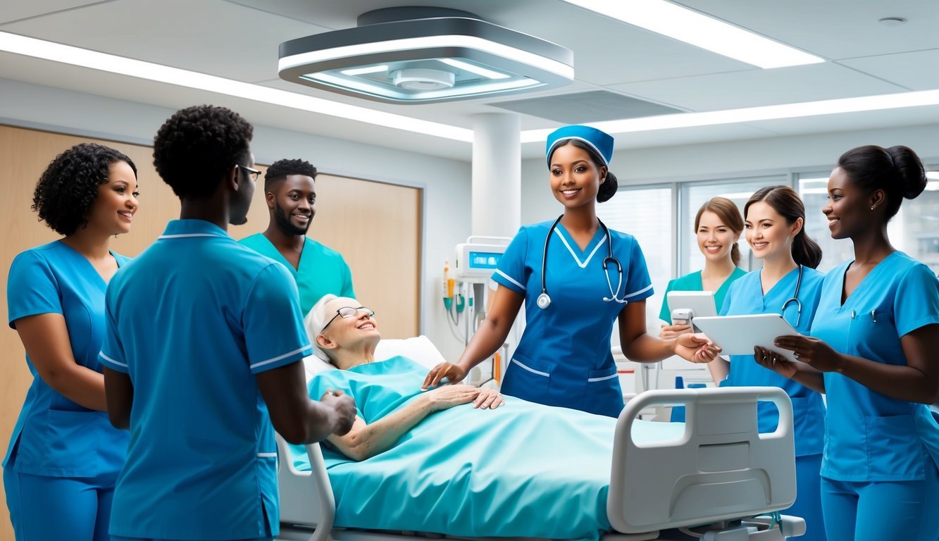 A nurse practitioner confidently assists patients in a modern, well-equipped medical facility, surrounded by supportive colleagues