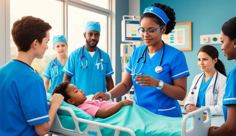 Medical team attending to a child patient in a hospital bed