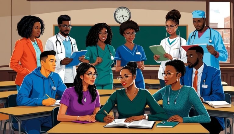 Diverse group of medical students in a classroom setting, taking notes