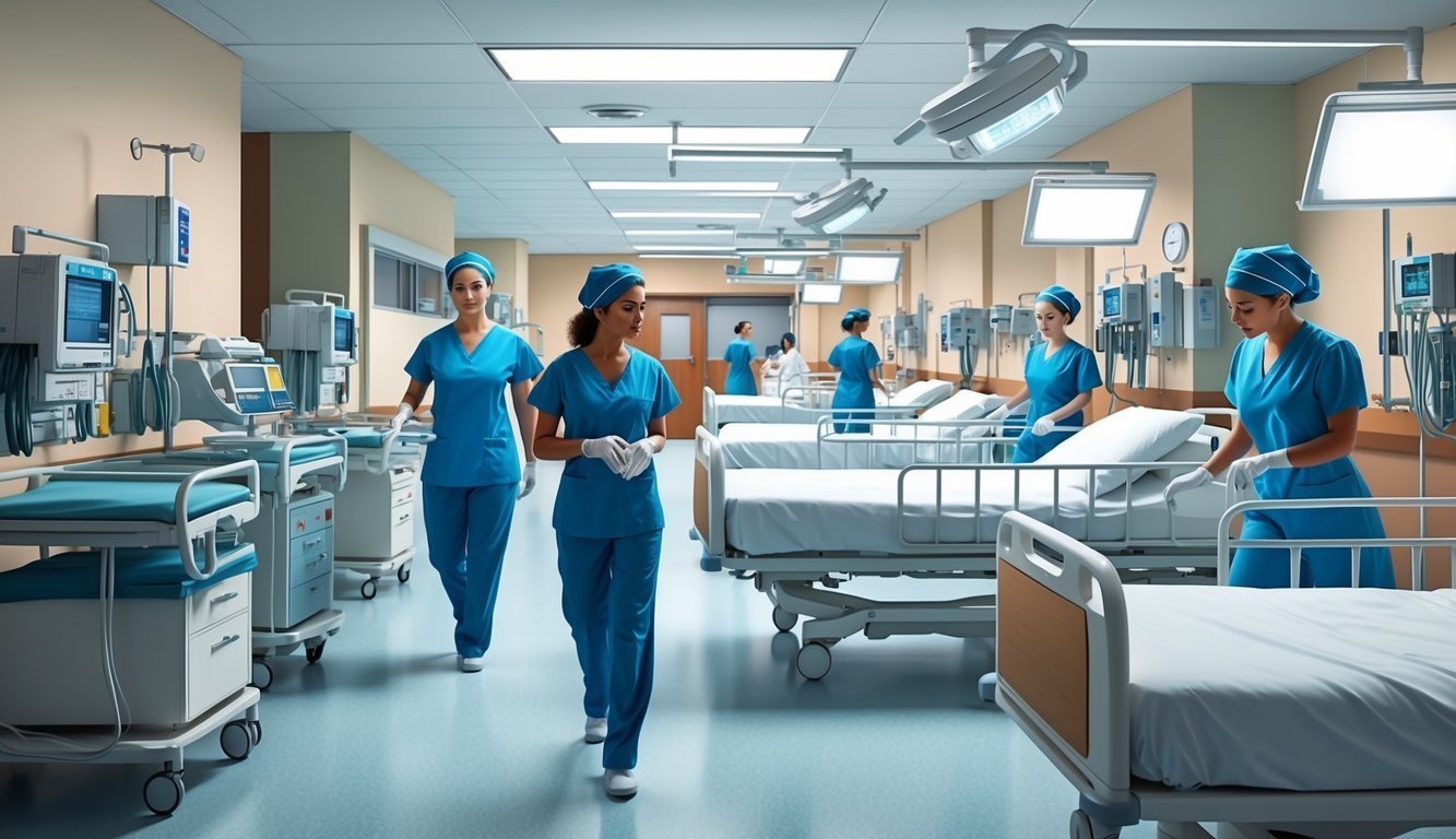 Nurses in blue scrubs walking through a hospital ward with beds and equipment