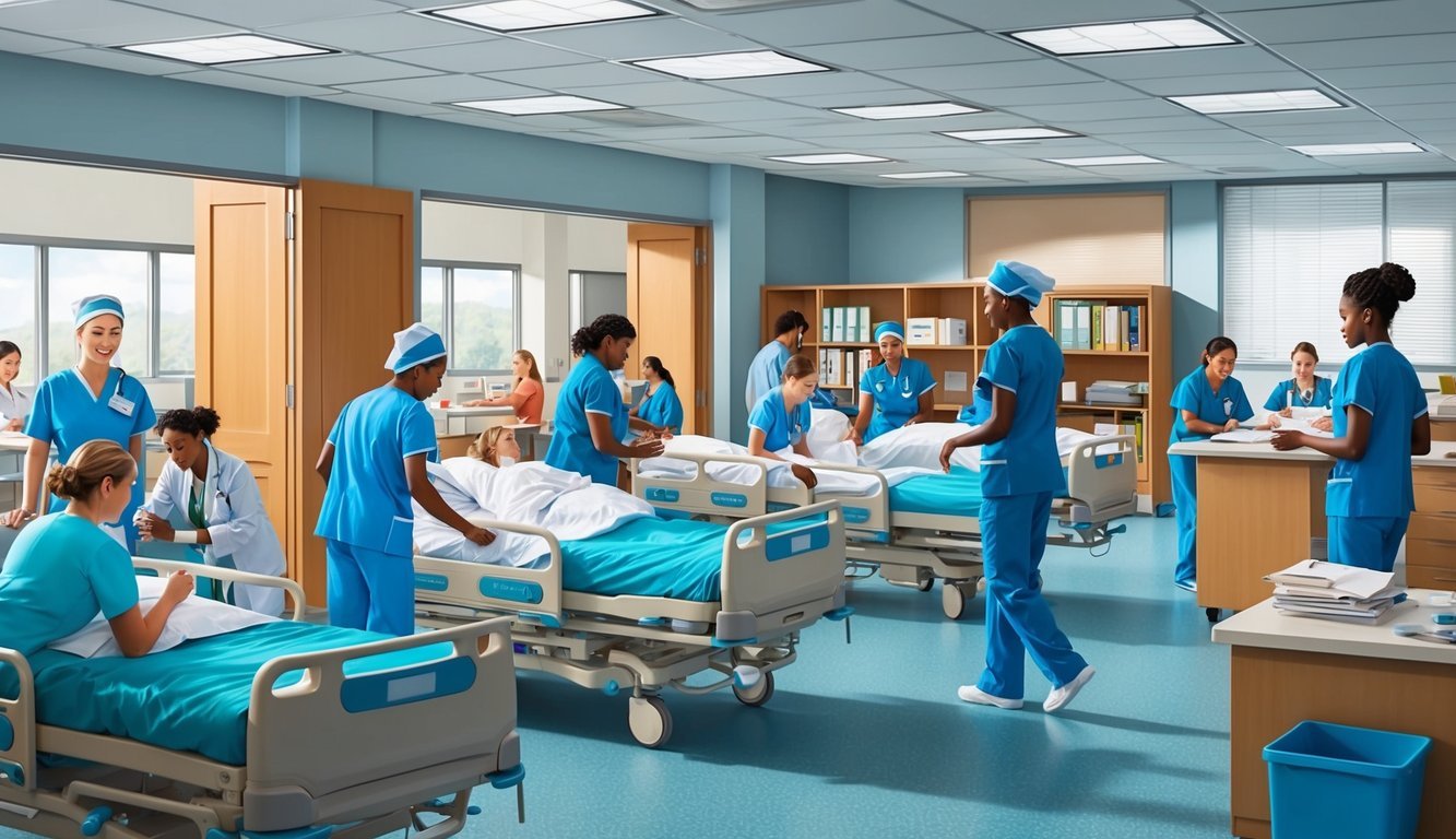 A bustling hospital floor with RNs in scrubs tending to patients, while others work in offices and classrooms
