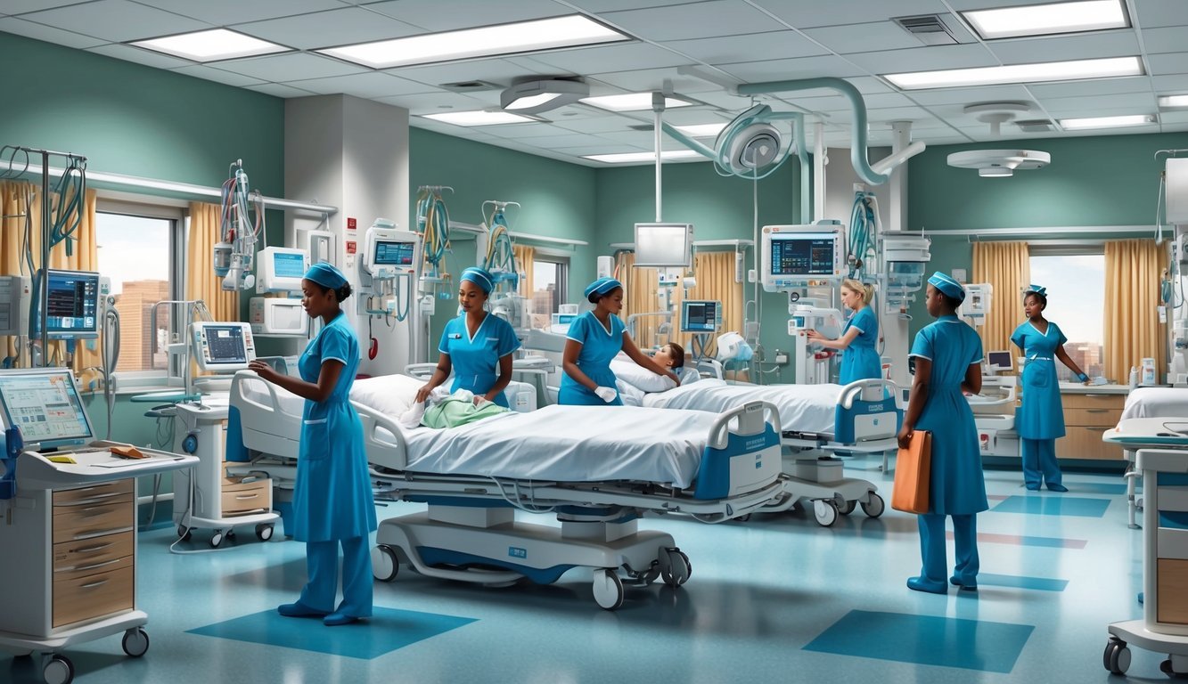 A bustling hospital unit with specialized equipment and busy nurses attending to patients in various settings