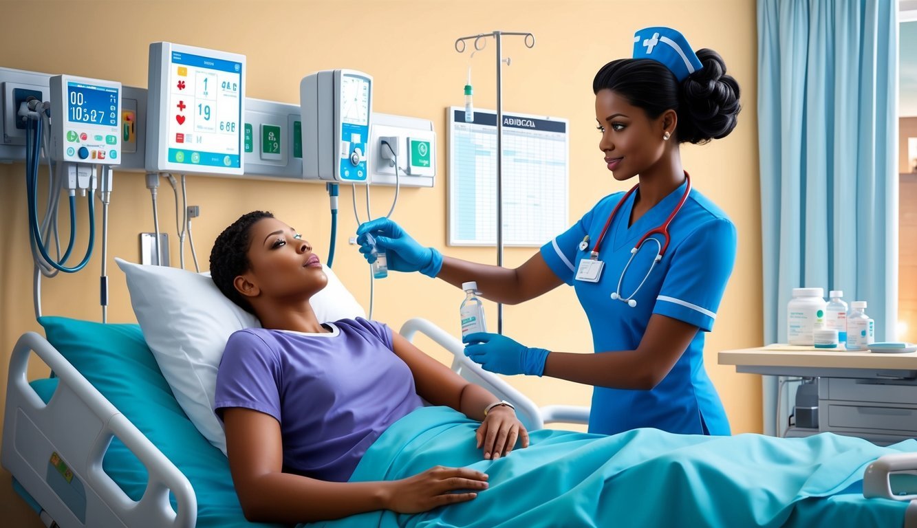 A nurse in a hospital room, monitoring vital signs and administering medication to a patient.</p><p>Medical equipment and charts are visible