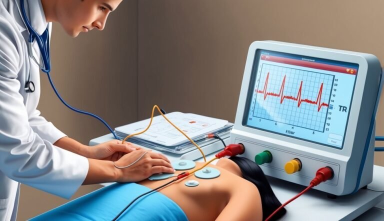 Doctor performing an electrocardiogram on a patient, monitoring heart rate