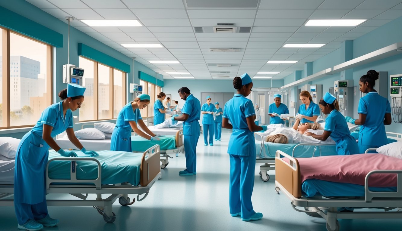 A busy hospital ward with nurses tending to patients, checking vitals, and assisting doctors