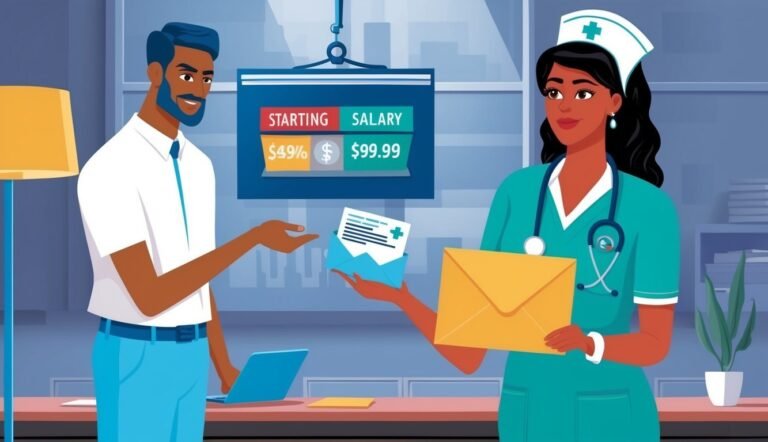 Man and nurse with envelopes, salary information, and laptop