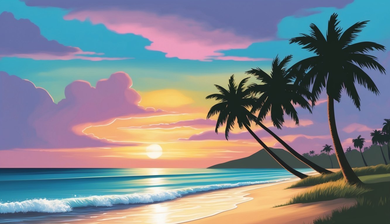 Beach scene with palm trees, sunset, and colorful sky