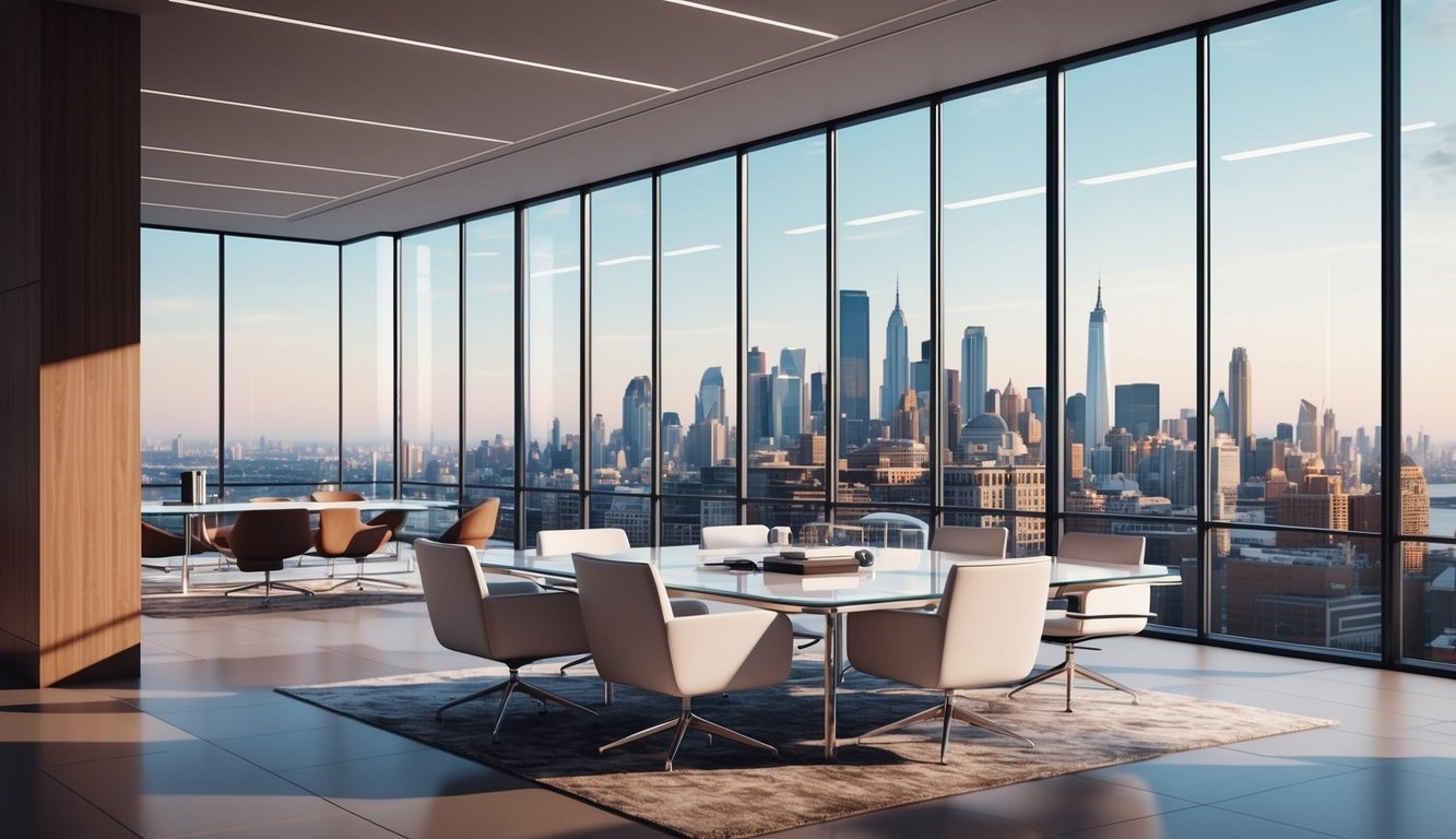 A modern, spacious office with sleek furniture and large windows overlooking a city skyline