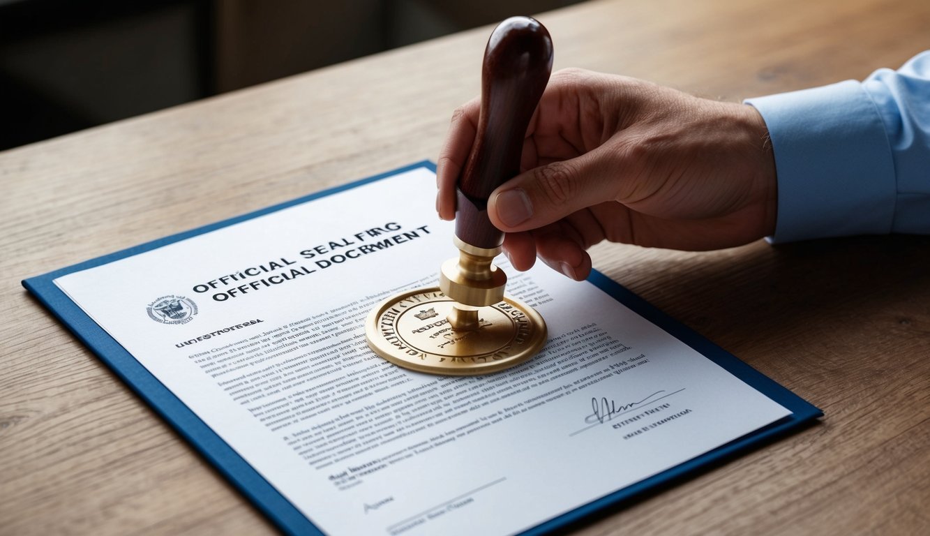 An official seal being affixed to a document by a hand