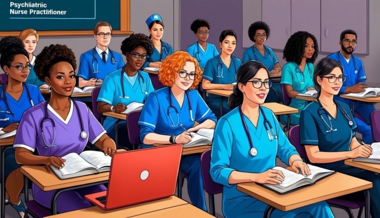 Group of diverse psychiatric nurse practitioner students in a classroom
