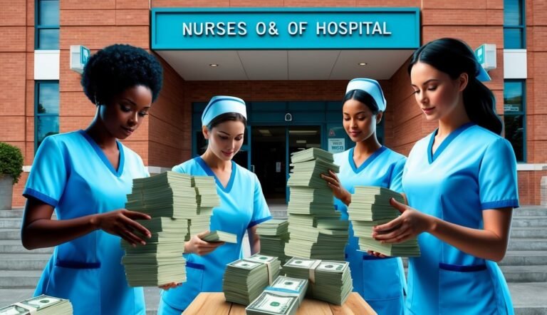 Four nurses holding stacks of money in front of a hospital
