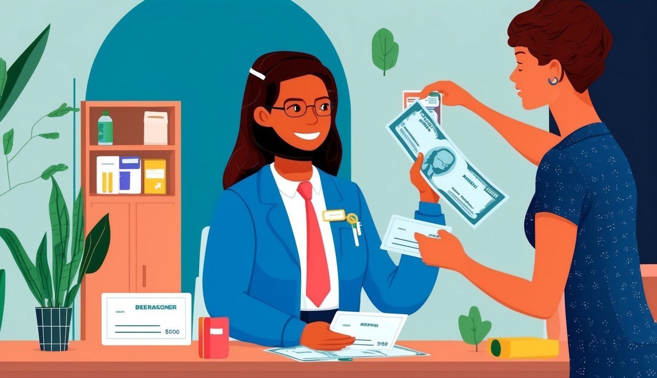Woman in blue suit receiving money from another woman. Checks on desk