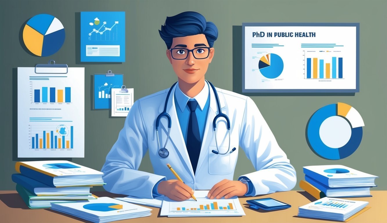 A person with a PhD in public health, working in a professional setting, surrounded by charts, graphs, and research papers