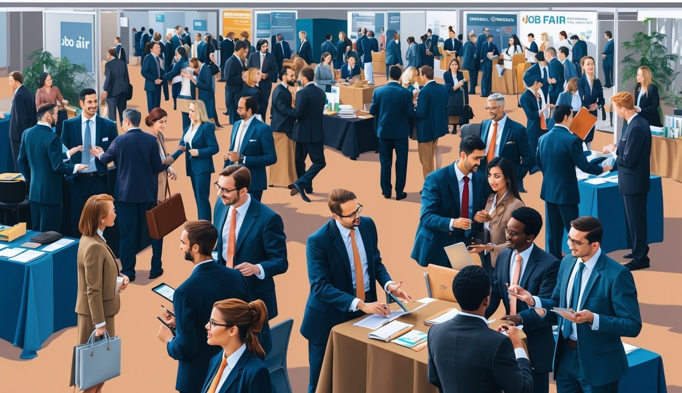 A bustling job fair with professionals networking and exchanging information