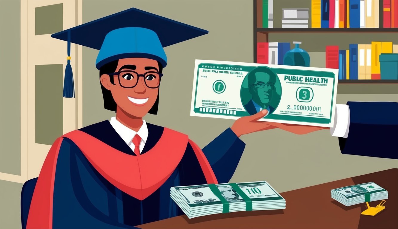 A public health PhD graduate receives a paycheck with a large sum of money, symbolizing a high salary