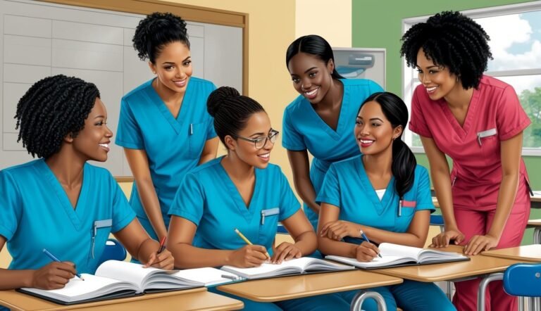 Group of smiling nurses in scrubs studying at desks in classroom