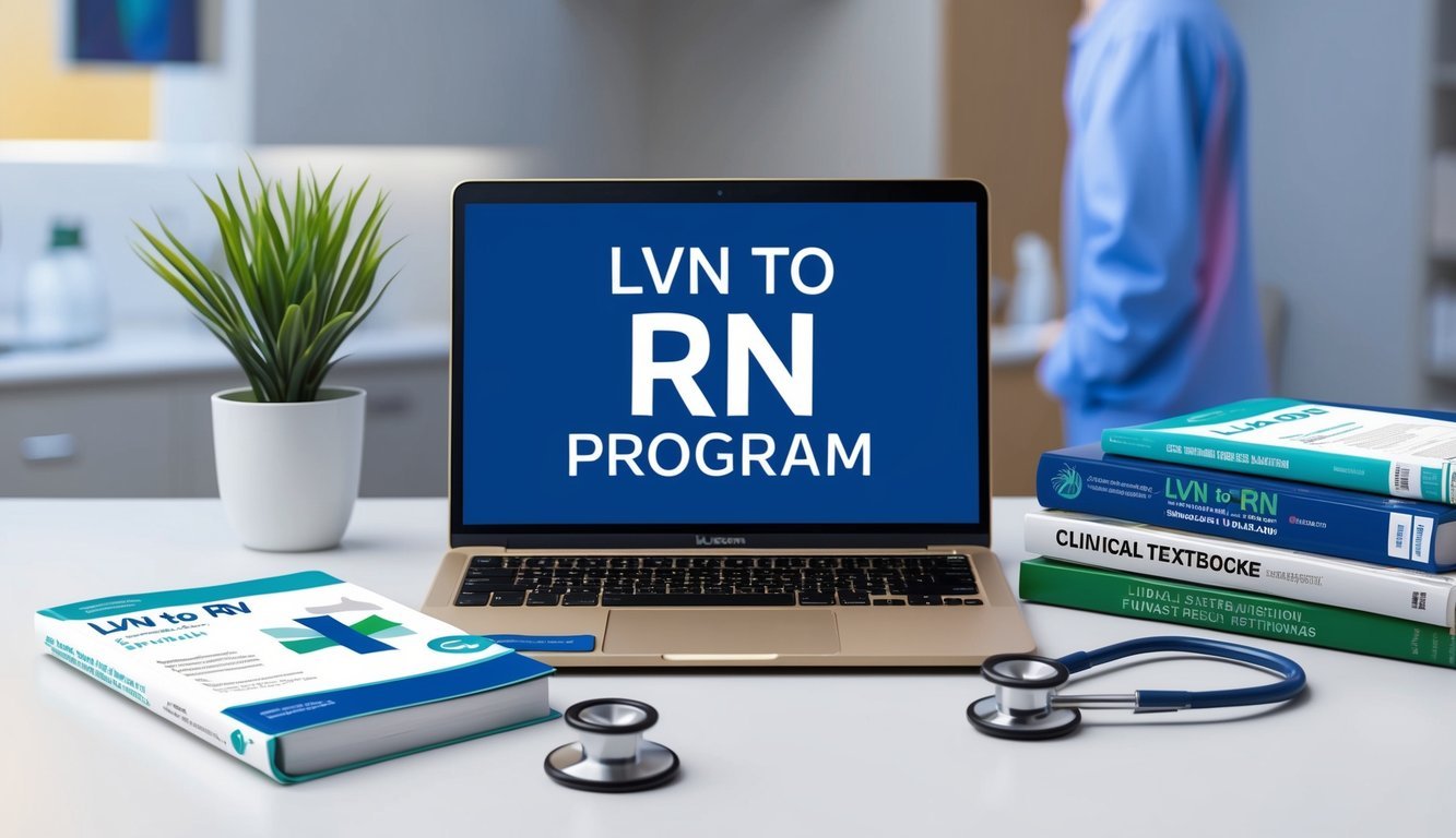A laptop with LVN to RN program materials, stethoscope, and medical textbooks on a desk with a clinical setting background