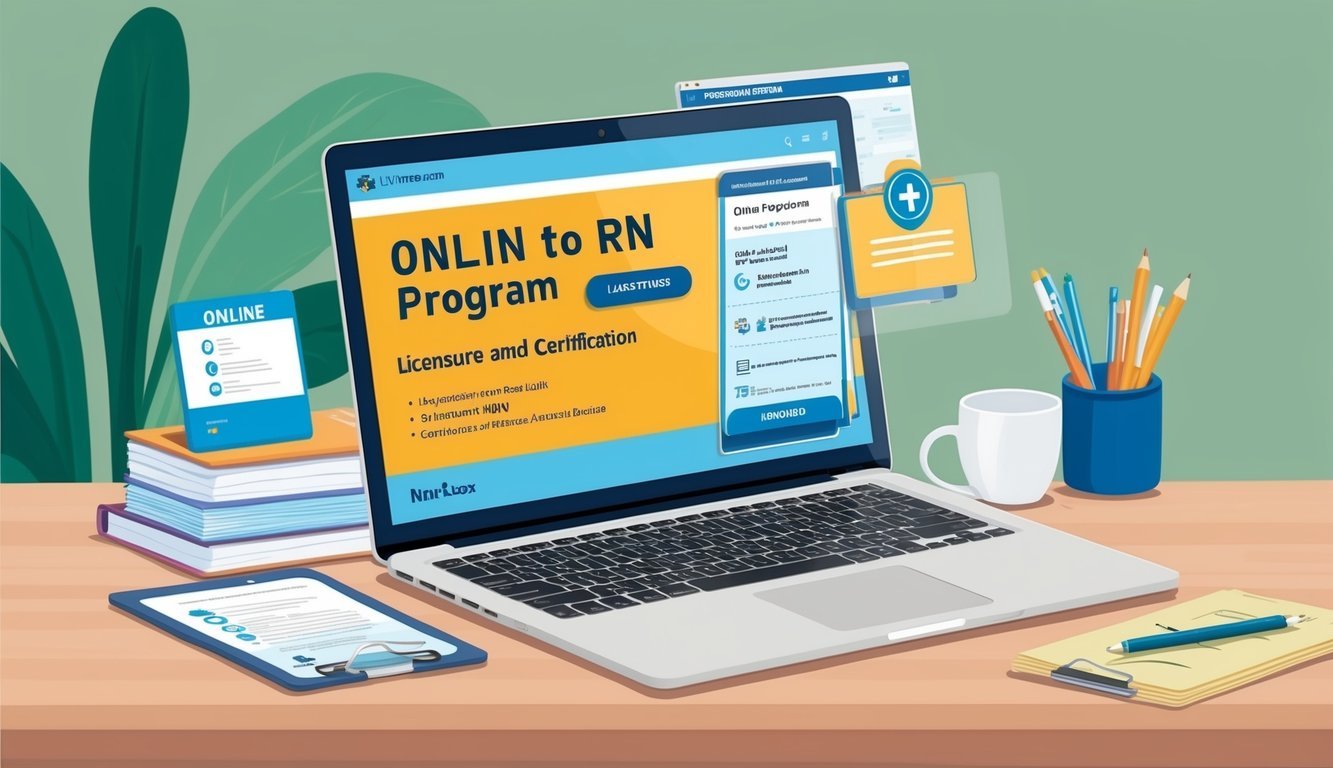 A laptop displaying an online lvn to rn program with licensure and certification information