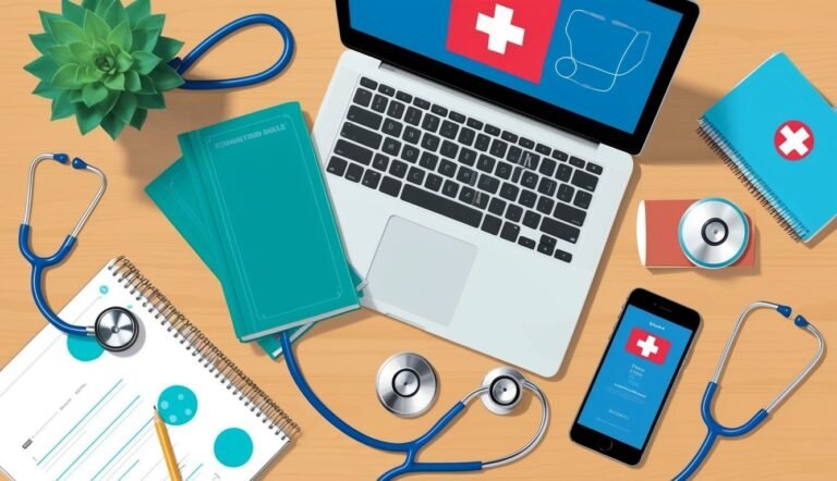 Laptop, stethoscope, notebook, and phone on a wooden desk, healthcare concept