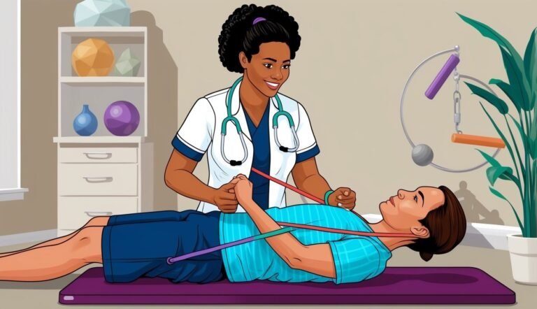 A physical therapist assisting a patient with resistance band exercises