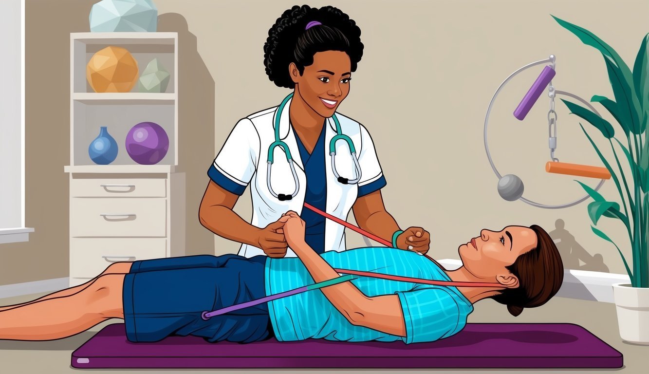 A physical therapist assisting a patient with resistance band exercises