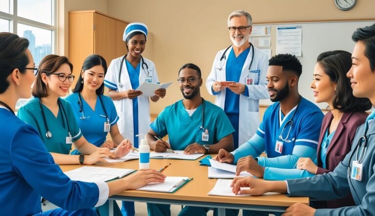 Medical professionals in scrubs and coats at a meeting around a table
