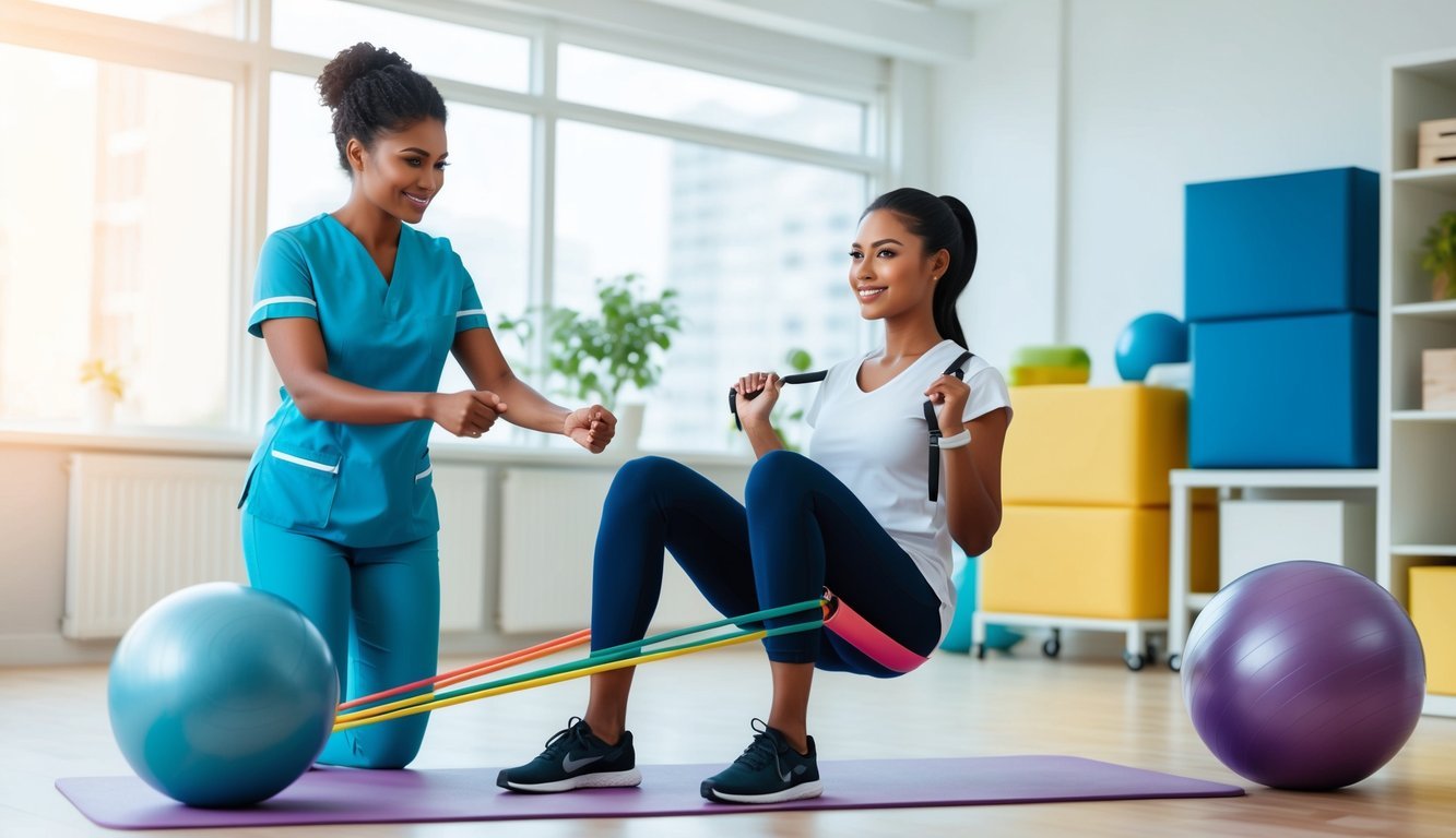 A physical therapy nurse guiding a patient through exercises using resistance bands and therapy balls in a bright, spacious rehabilitation room