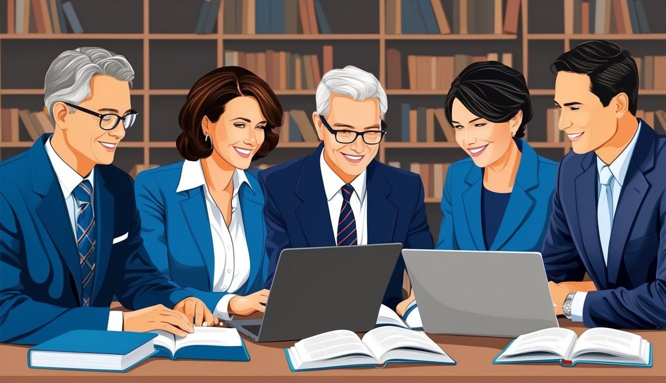 A group of adults in professional attire studying together at a desk, with laptops and textbooks open