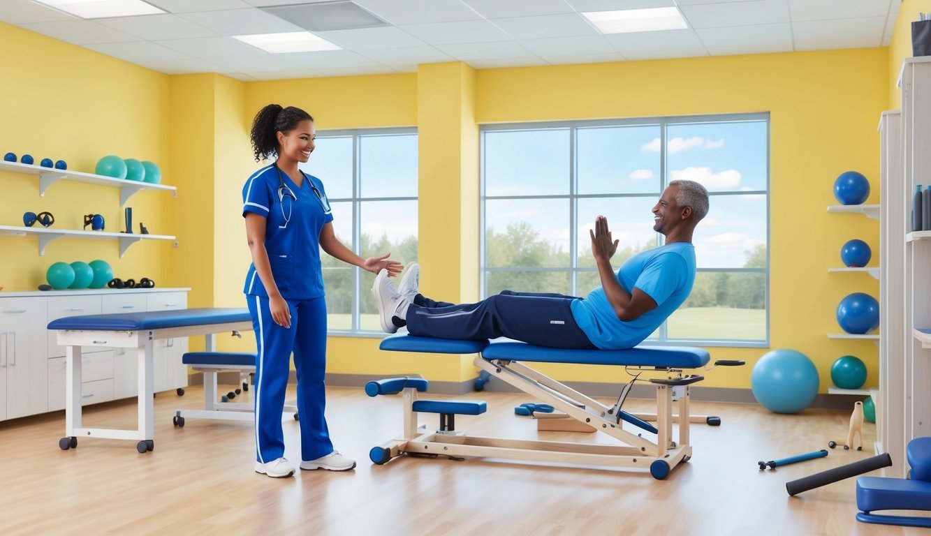 A physical therapy nurse guiding a patient through exercises in a bright, spacious clinic room with various exercise equipment and therapy tools