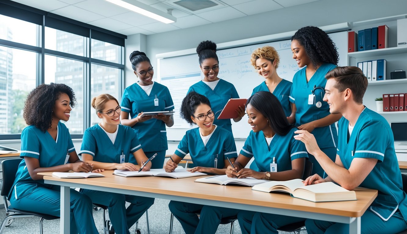 A group of adult students in nursing scrubs studying and collaborating in a modern classroom with medical equipment and textbooks