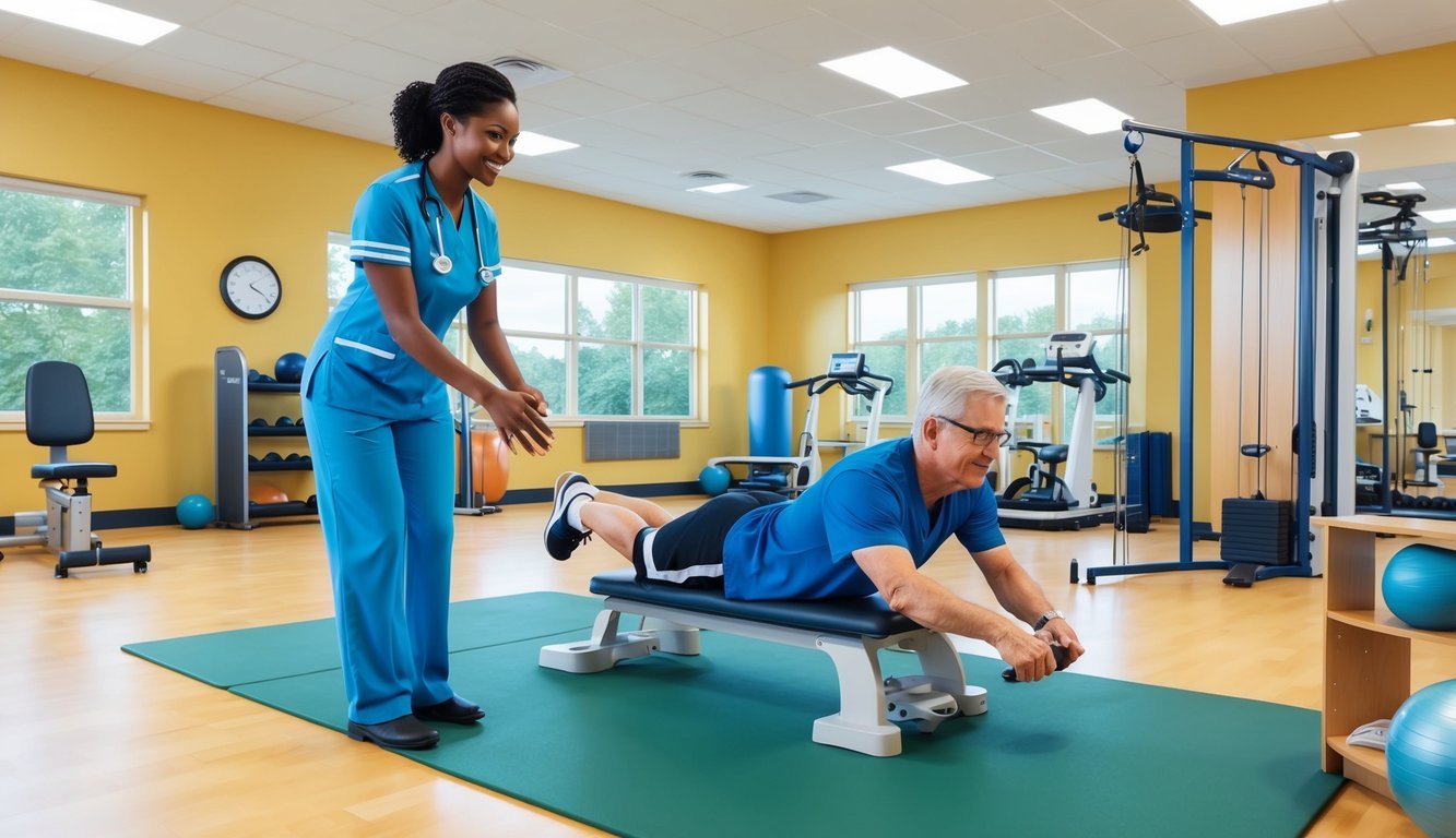 A physical therapy nurse guiding a patient through exercises in a spacious, well-lit rehabilitation gym with various equipment and tools