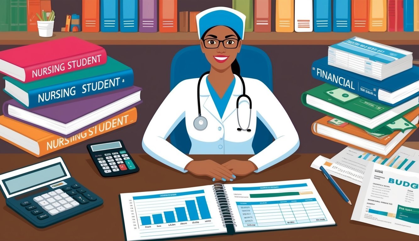 A nursing student sits at a desk surrounded by textbooks, a laptop, and financial documents.</p><p>A calculator and budget planner are open in front of them