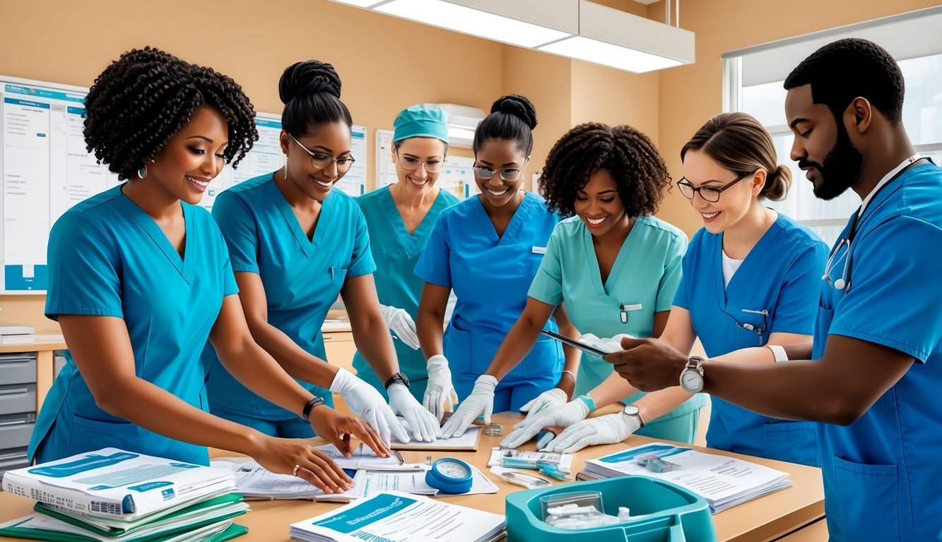 A group of working adults in nursing scrubs engage in hands-on clinical training, while surrounded by curriculum materials and medical equipment