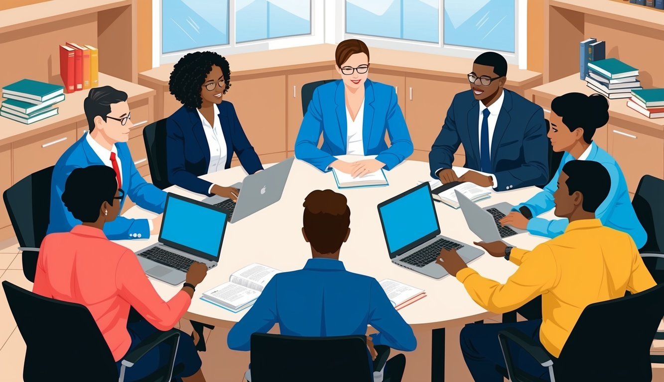 A group of working adults gather around a table, discussing nursing program FAQs.</p><p>Books and laptops are scattered around the room
