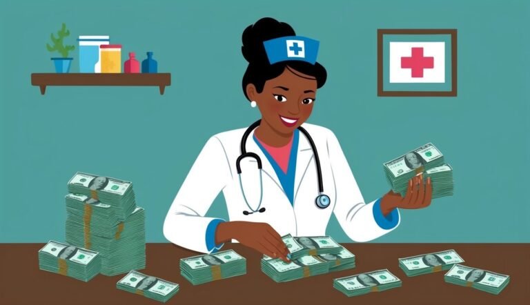 Smiling doctor surrounded by stacks of money, medical cross on wall