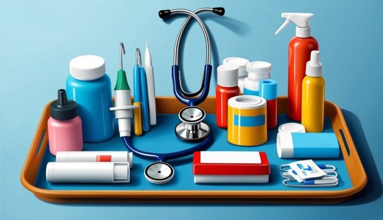 Medical supplies including a stethoscope, bottles, and syringes on a tray