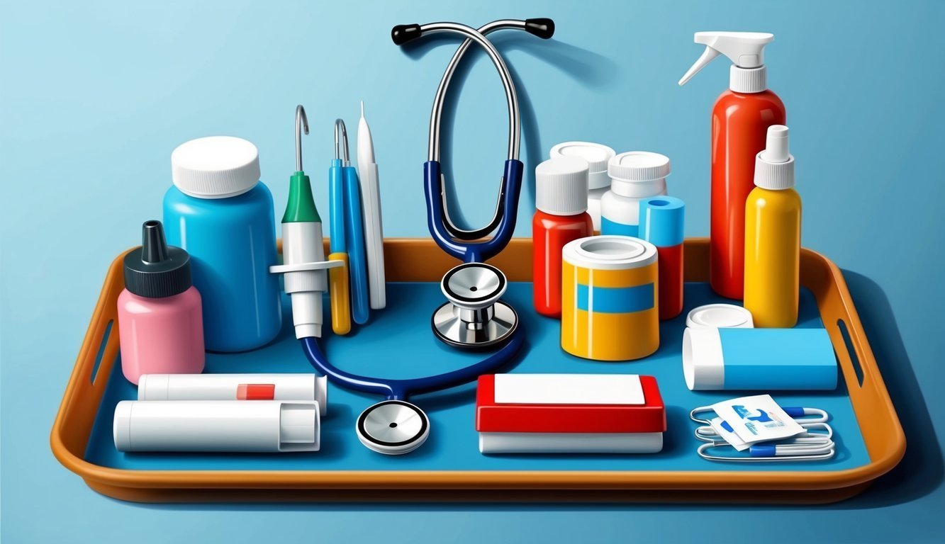 Medical supplies including a stethoscope, bottles, and syringes on a tray