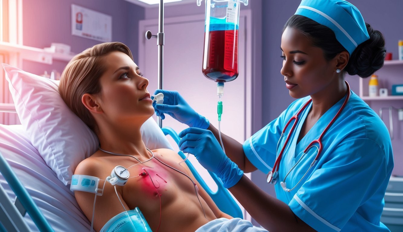 Nurse administering IV fluids to a patient in a hospital bed