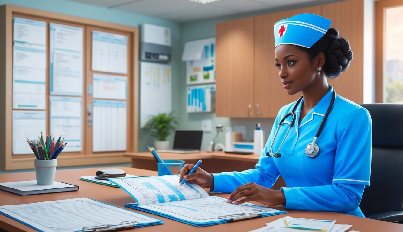 A PCU nurse reviewing medical charts and updating patient care plans at a desk in a hospital setting