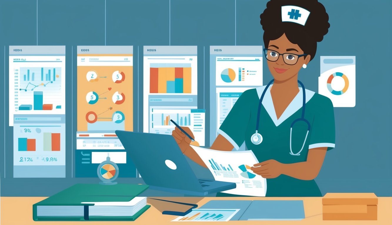 A HEDIS nurse reviewing patient charts and data, analyzing trends and outcomes to improve healthcare quality and compliance
