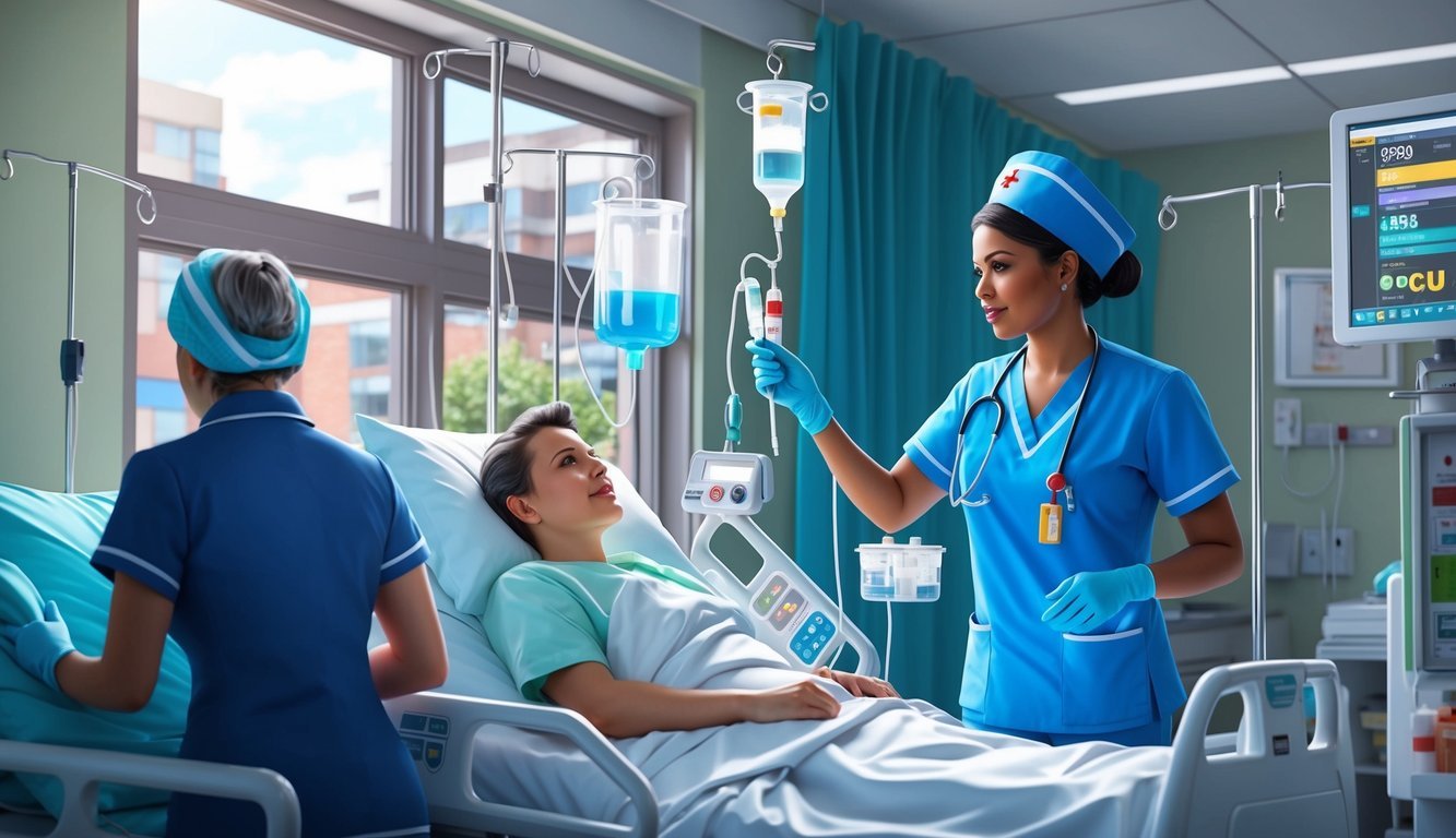 A PCU nurse monitors vital signs, adjusts IV drips, and communicates with patients in a hospital setting