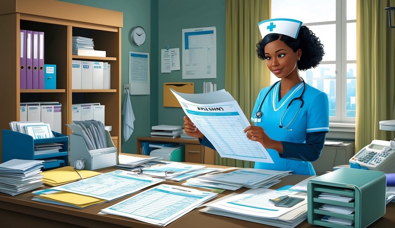 A nurse reviewing patient charts at a cluttered desk, surrounded by medical equipment and files.</p><p>The room is well-lit and organized, with a sense of focus and dedication