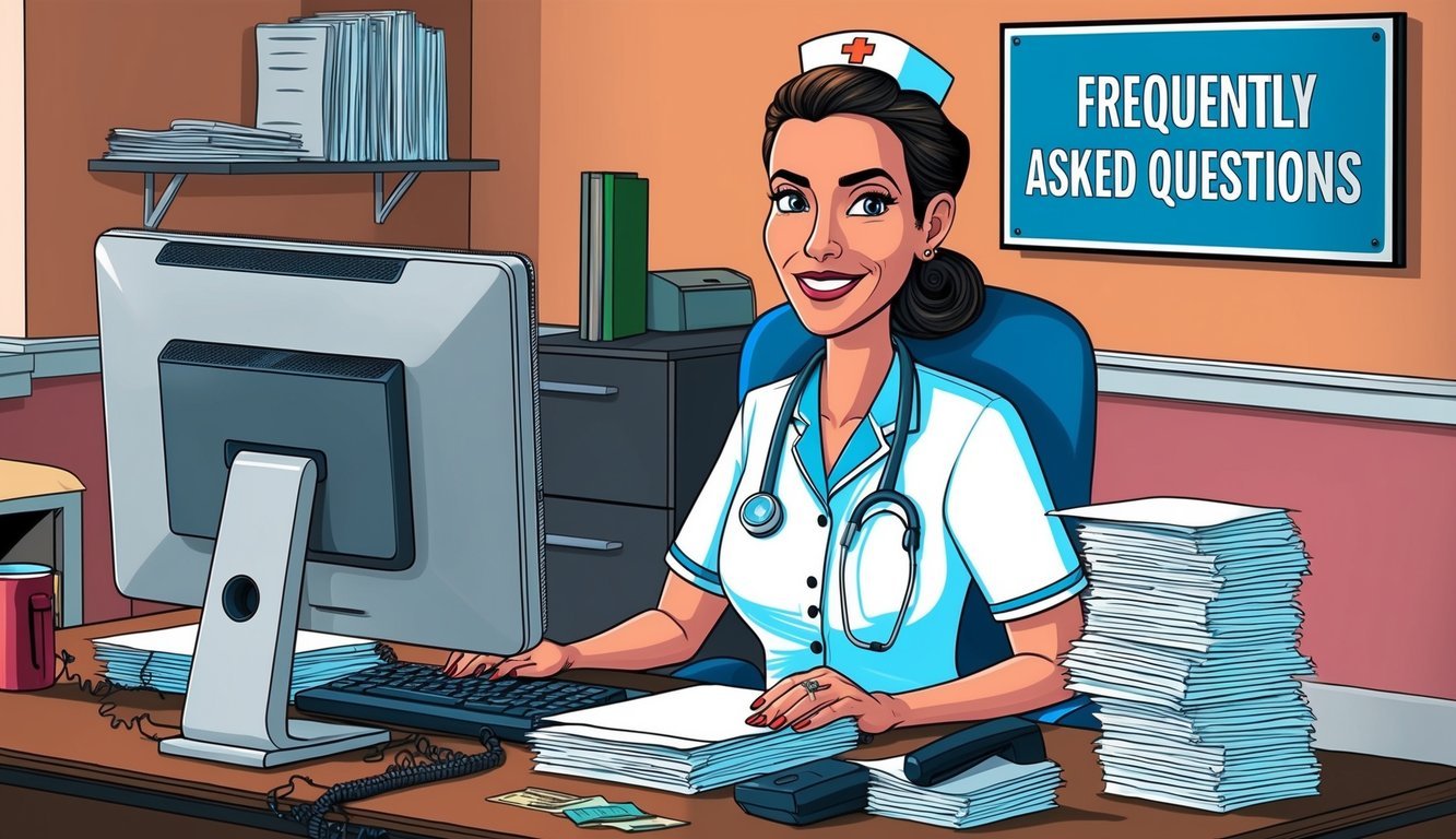 A nurse sitting at a desk with a computer, surrounded by a stack of papers and a phone, with a sign reading "Frequently Asked Questions" on the wall