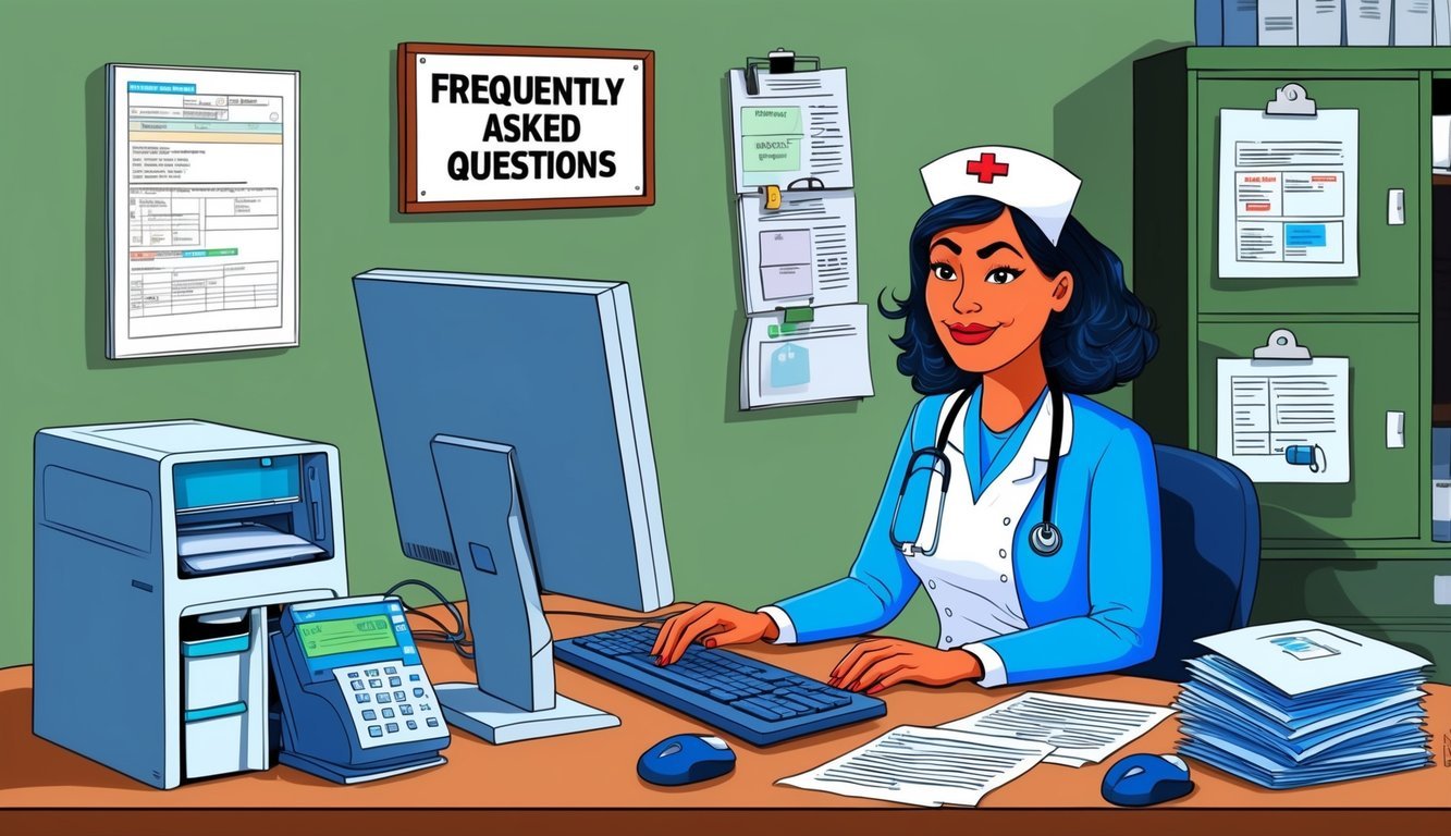 A nurse at a computer, surrounded by medical equipment and paperwork, with a sign reading "Frequently Asked Questions" on the wall