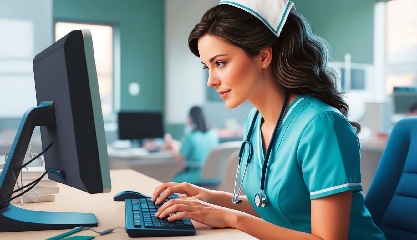 Nurse in scrubs and cap working on a computer in a medical office