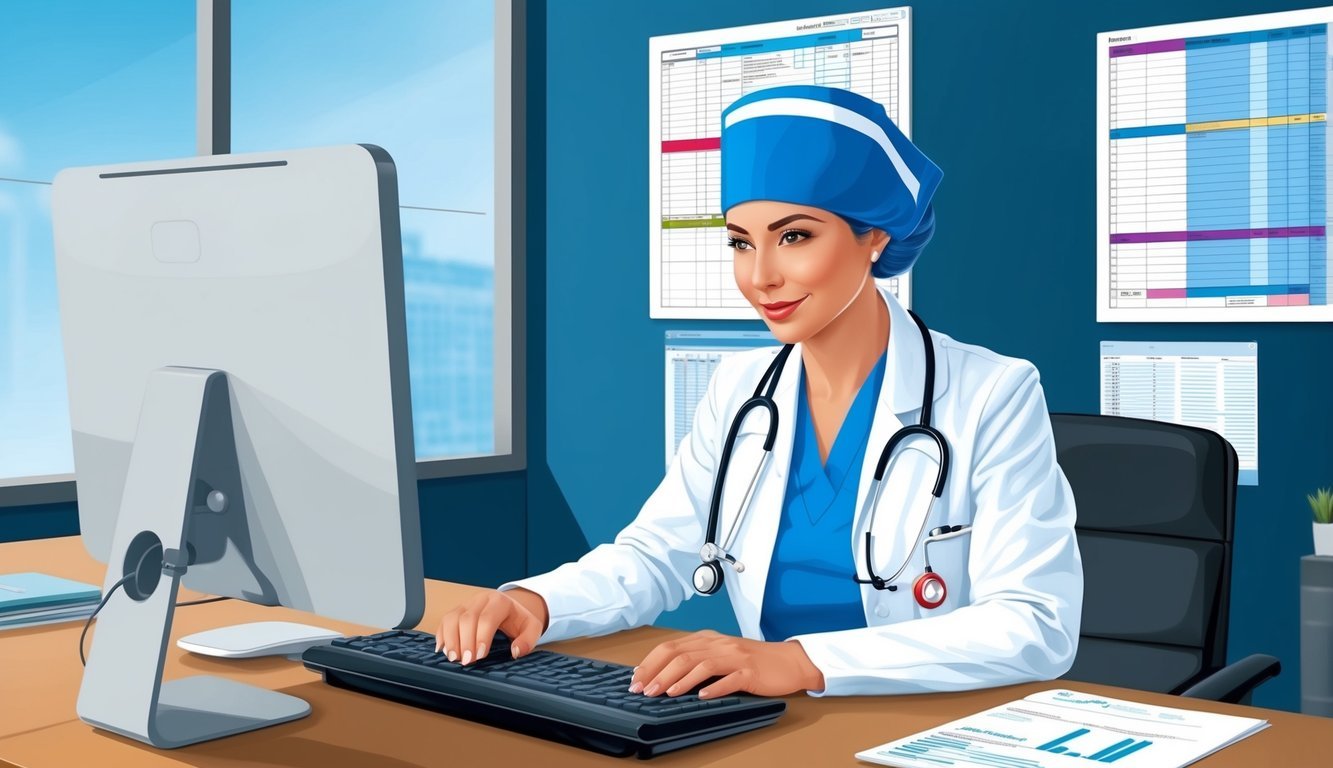 A nurse coder sitting at a desk, typing on a computer while referencing medical charts and documentation