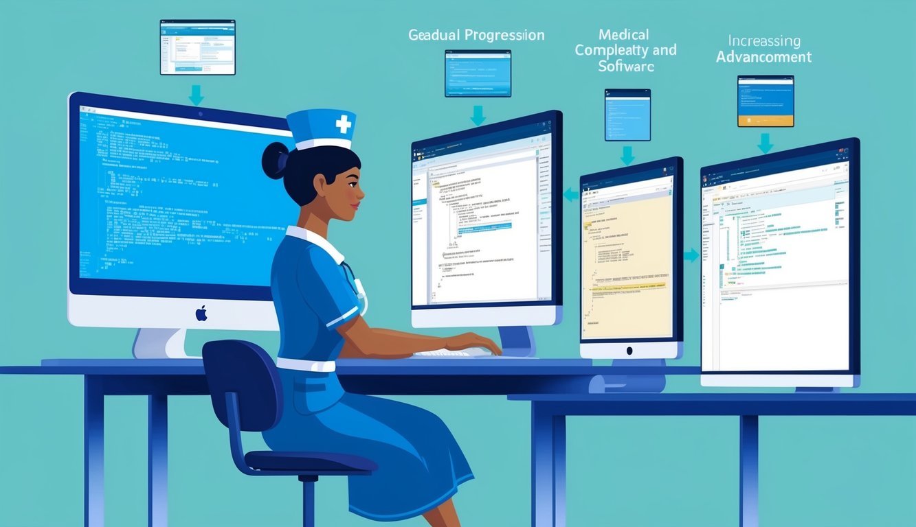 A nurse sits at a computer, coding medical software.</p><p>Gradual progression is depicted through a series of screens showing increasing complexity and advancement