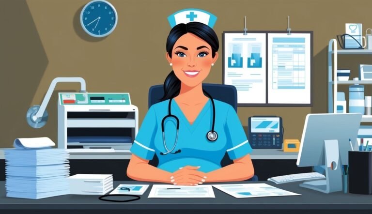 Smiling nurse in scrubs sits at a desk with medical equipment