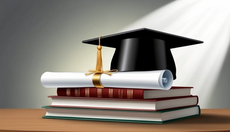 Graduation cap, diploma, and books stacked on a wooden surface